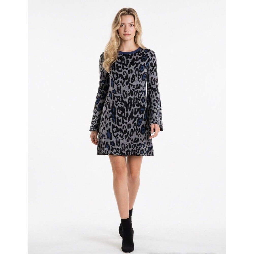 Women’s Small Leopard print Knit sweater dress Flare Sleeves JOHN + JENN